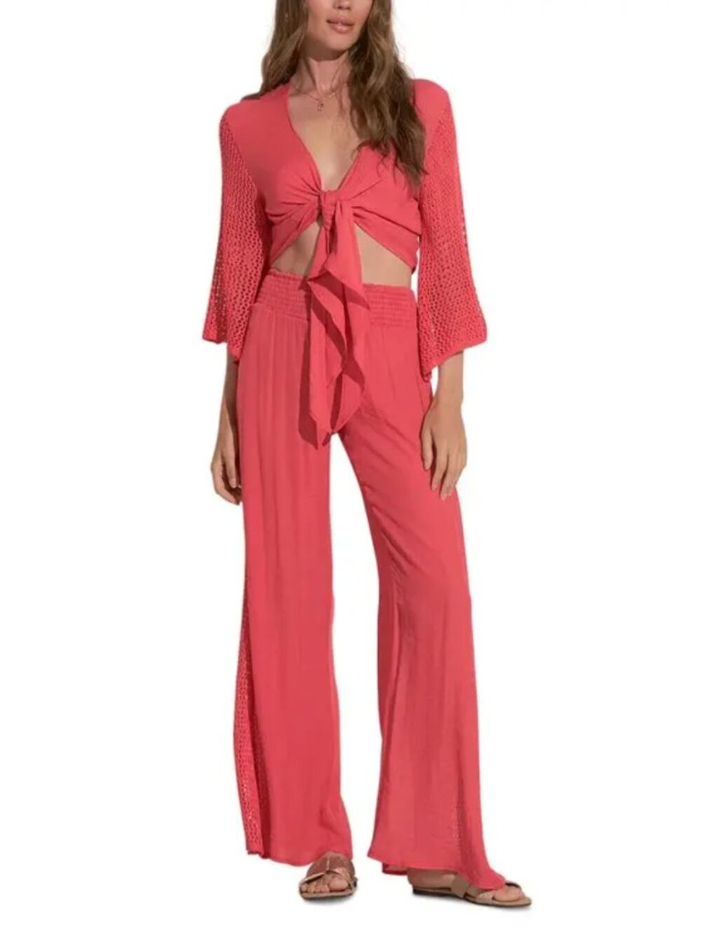 Elan | Tie Front Crocheted Top & Pull On Pants in Coral